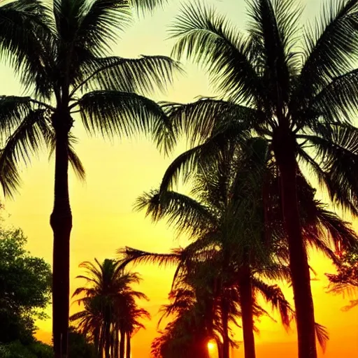 Image similar to A beautiful road with Palm trees on each side, sunset in the style of Monet