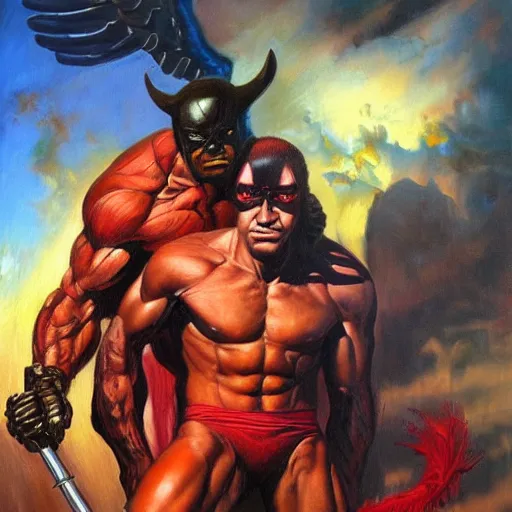 Image similar to detailed portrait of dare devil and dare angel intricate, hyper detailed, realistic, oil painting, by julie bell, frank frazetta, cinematic lighting