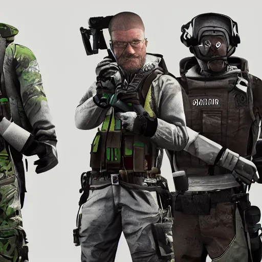 Image similar to walter white as a rainbow six siege operator, 4 k, highly detailed