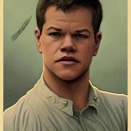 Image similar to Young Matt Damon, highly detailed, digital painting, artstation, concept art, smooth, sharp focus, illustration, ArtStation, art by artgerm and greg rutkowski and alphonse mucha and J. C. Leyendecker and Edmund Blair Leighton and Katsuhiro Otomo and Geof Darrow and Phil hale and Ashley wood and Ilya repin and Charlie Bowater