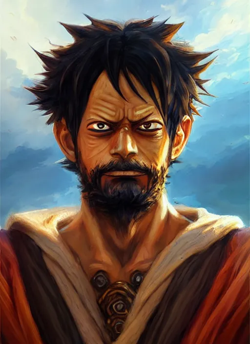 Prompt: luffy as fantasy style portrait painting of middle eastern male brown wavy hair beard rpg dnd oil painting unreal _ 5 _ daz. _ rpg _ portrait _ extremely _ detailed _ artgerm _ greg _ rutkowski _ greg