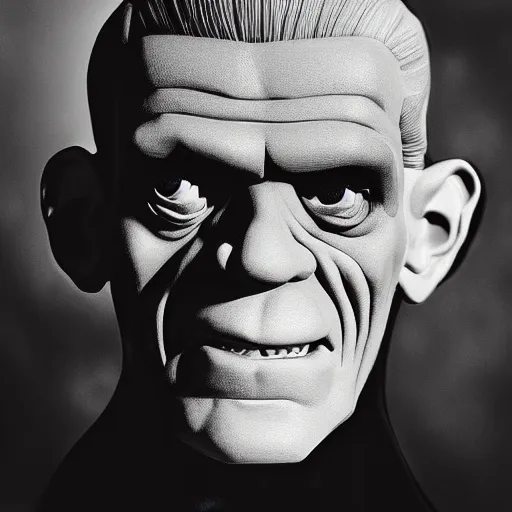 Prompt: photo of hyperrealistic face portrait of classic frankenstein boris karloff monster smiling, in the style of universal horror movie, hyper real, flash photography, hyper detail