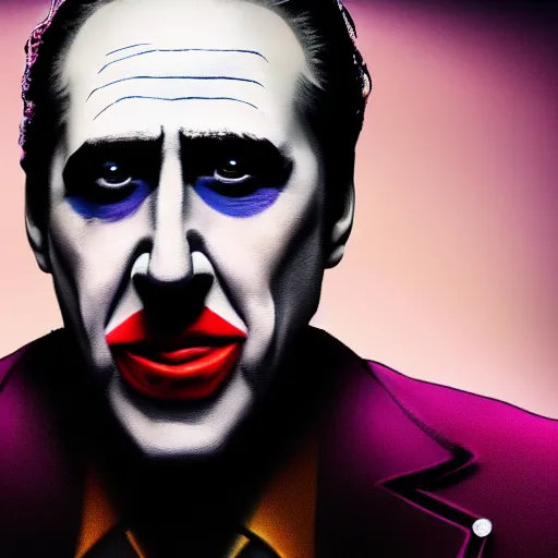 Image similar to Nicholas Cage as The Joker 8k hdr amazing lighting