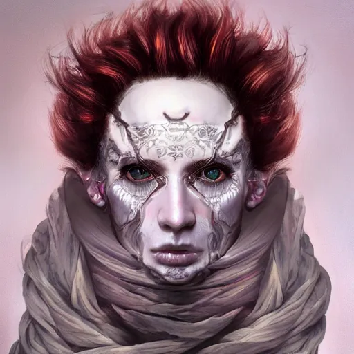 Image similar to portrait of a Shibari rope wrapped face and neck, headshot, insanely nice professional hair style, dramatic hair color, digital painting, of a old 15th century, old cyborg merchant, amber jewels, baroque, ornate clothing, scifi, realistic, hyper detailed, chiaroscuro, concept art, art by Franz Hals and Jon Foster and Ayami Kojima and Amano and Karol Bak,