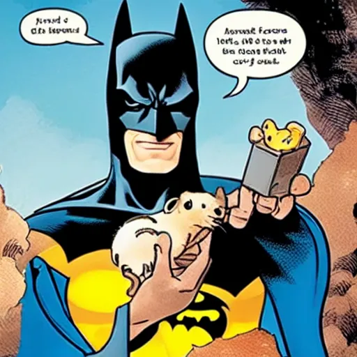 Image similar to Batman holding a hamster in his hands, smiling, comic book style