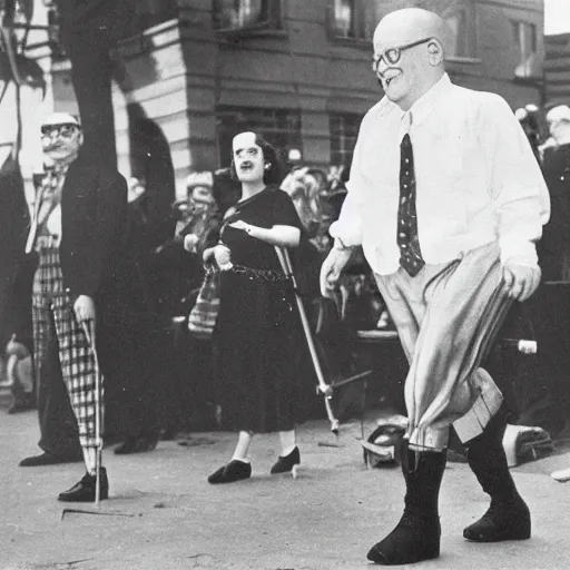 Prompt: danny devito walking with stilts during the great parade festival circa 1 9 3 9