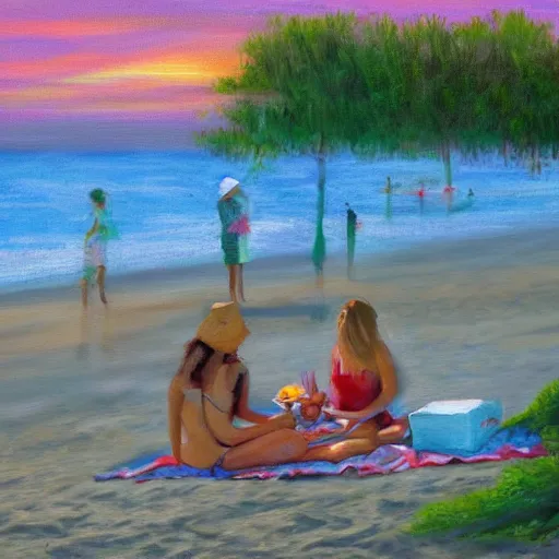 Image similar to Painting of a picnic on the beach at sunset, Greg rutoski style, WLD, digital masterpiece, highly detailed, 4K, oil painting on canvas