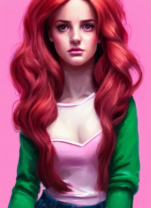 Image similar to full body portrait of teenage cheryl blossom, bangs, green eyes, sultry expression, red hair, sultry smirk, bangs and wavy hair, pink skirt, intricate, elegant, glowing lights, highly detailed, digital painting, artstation, concept art, smooth, sharp focus, illustration, art by wlop, mars ravelo and greg rutkowski