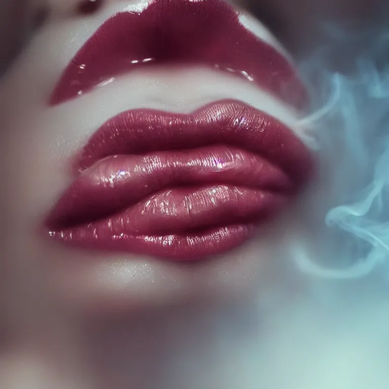 Image similar to beautiful female lips up close inhaling a mysterious smoke, featured on artstation, cgsociety