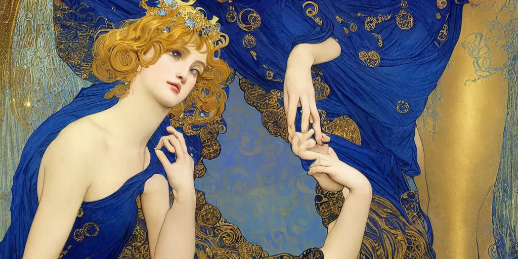 Prompt: a venere blonde princess, play with her long blue dress with gold details, fantasy, clothing, concept art, highly detailed, atmospheric light, oil painting, behance, top art, art by alphonse mucha and gustav klimt