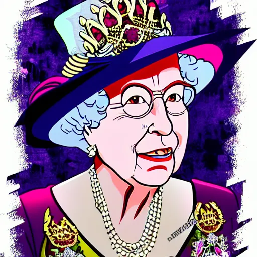 Image similar to The Queen of England Queen Elizabeth the Second in the style of Jojo's Bizarre Adventure, digital art, manga, colorful, intricate