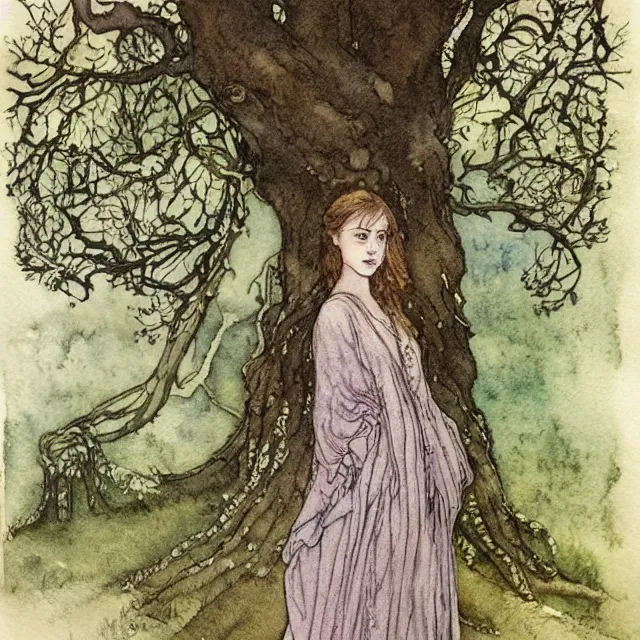 Image similar to a detailed, intricate watercolor and ink portrait illustration with fine lines, of a lovely, pretty, young alicia vikander in a dress reading under a gnarled tree, by arthur rackham and edmund dulac