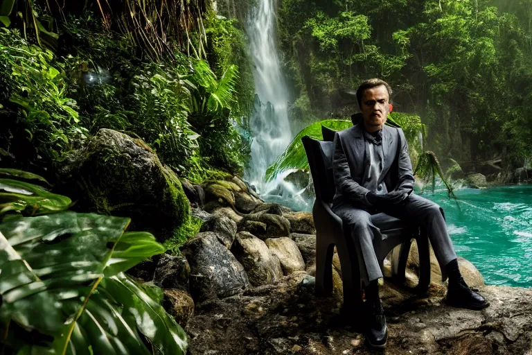 Image similar to movie closeup young man with a grey beard in a cyberpunk suit sitting on a futuristic chair at the edge of a jungle waterfall by emmanuel lubezki