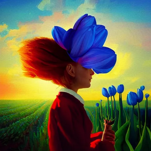 Image similar to dutch girl with one giant tulip as a face, surreal photography, flower field, sunset dramatic light, impressionist painting, colorful clouds, blue sky, digital painting, artstation, simon stalenhag