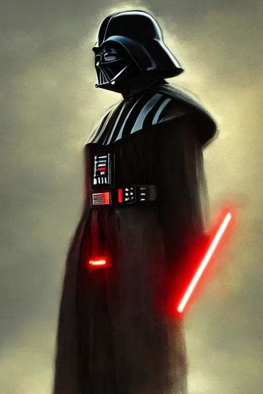 Prompt: darth vader from sideview with large shoulders, armor, dark realistic proportions concept art, red, ethereal horror fantasy art by greg rutkowski and magali villanueve and monet con