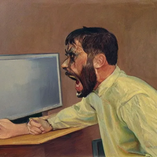 Image similar to an angry man screams at his computer monitor, oil on canvas, 1 9 6 7, highly detailed