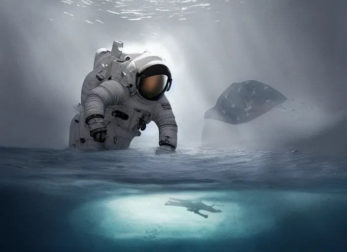 Image similar to astronaut underwater putting a flag in the sand of the bottom of the ocean. there is a submarine in the distance. dark, concept art, cinematic, dramatic, atmospheric, 8 k, trending on artstation, low visibility, fog, zack snyder