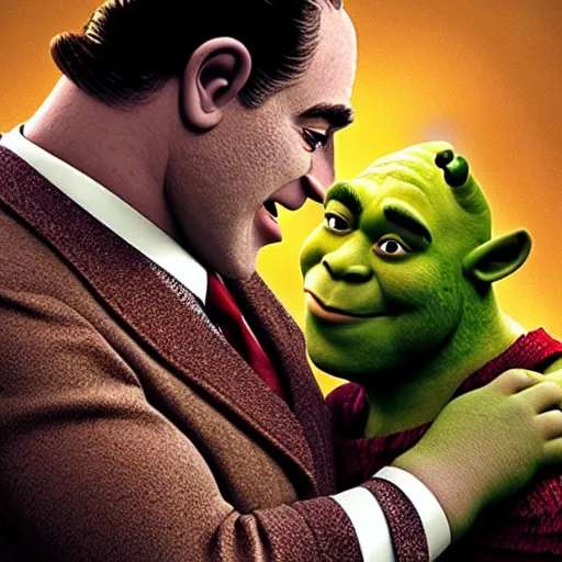 Image similar to movie still, shrek as michael in the godfather, realistic photo