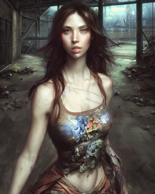 Image similar to daniel gerhartz and artgerm detailed portrait digital rococo painting of a beautiful woman wearing streetwear clothing, abandoned warehouse interior in the background, unreal engine, hyper realism, realistic shading, cinematic composition, realistic render, octane render, detailed textures, photorealistic, ultrawide shot, 3 5 mm film