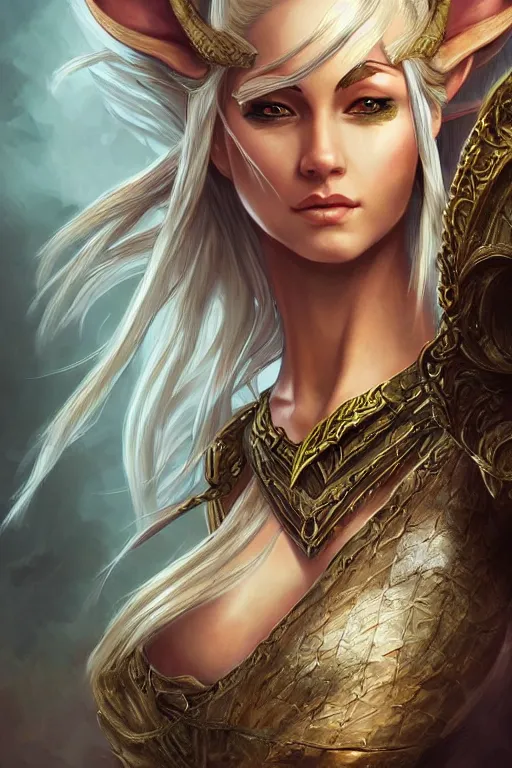 Image similar to Epic painting of a fierce female elven warrior, D&D, fantasy, intricate, elegant, highly detailed, digital painting, artstation, concept art, smooth, sharp focus, illustration, art by artgerm