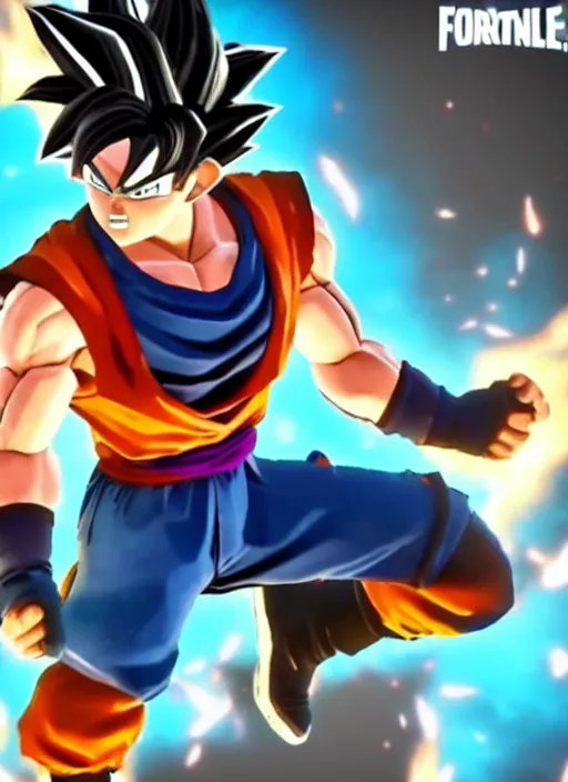 Image similar to game still of a sayan goku as a fortnite skin in fortnite by fortnite, pose.