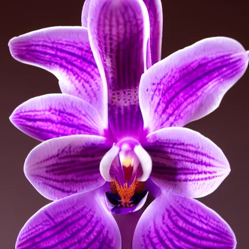 Prompt: a purple orchid flower made of metal, cybertronic, reflective, glowing