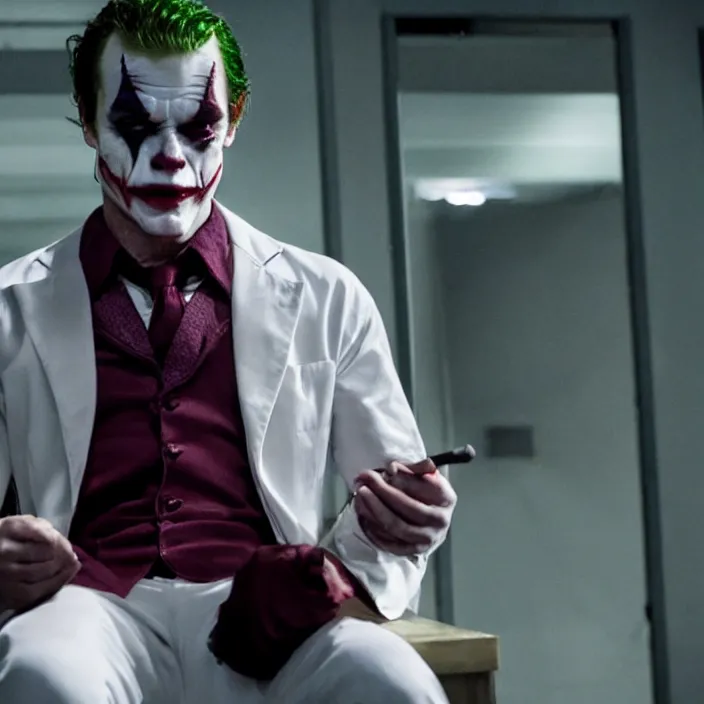 Image similar to dexter morgan as the joker, 8 k, movie still