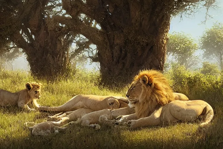 Image similar to lion and cubs resting under a tree in the morning, beautiful painting, greg rutkowski, james gurney, artstation.