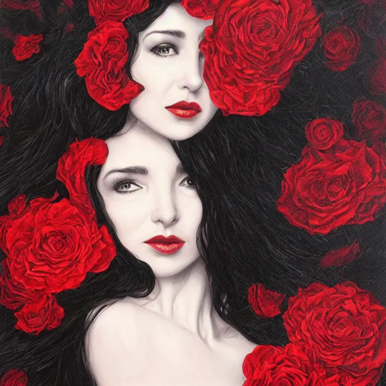 Image similar to portrait of kate bush, lush black hair, pale skin, red rose petals, flowing material, ruffled velvet background, intricate, beautiful cinematic lighting, stuning painting by artgerm and android jones