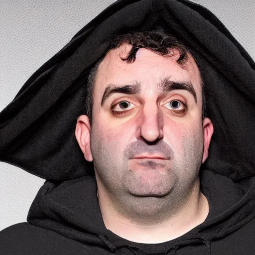 Image similar to Mike Stoklasa from Red Letter Media as a black hooded executioner