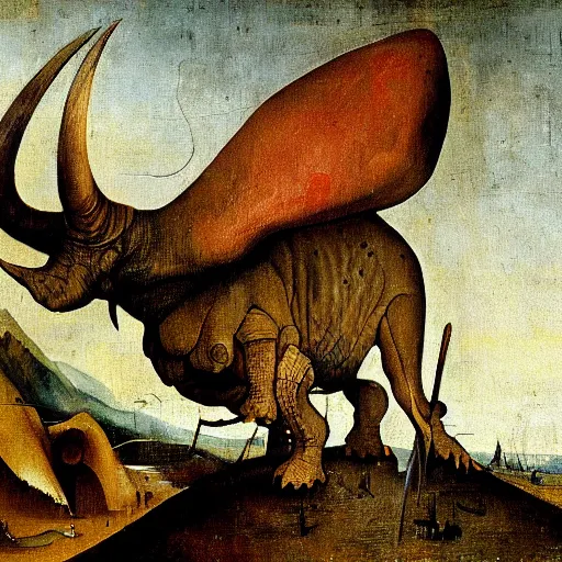 Image similar to Stunning painting of a triceratops by Hieronymus Bosch, high detail