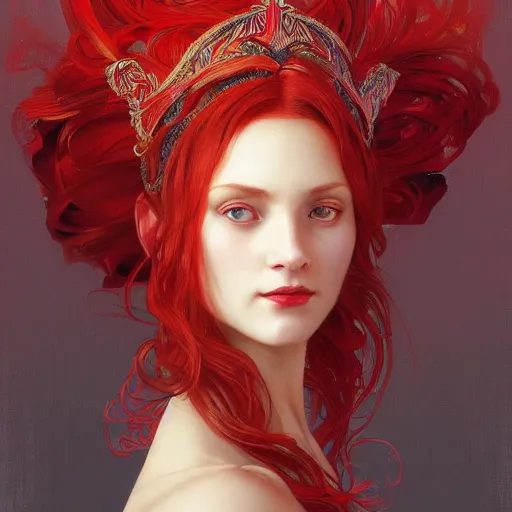 Image similar to portrait of red queen, intricate, elegant, highly detailed, digital painting, artstation, concept art, smooth, sharp focus, illustration, art by artgerm and greg rutkowski and alphonse mucha and william - adolphe bouguereau