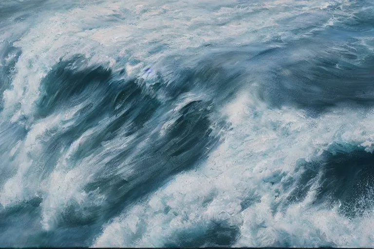 Image similar to tsunami wave crashing into Manhattan, aerial shot, realist painting