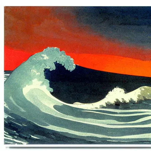 Prompt: huge wave tsunami small boat starry background mountain in the style of Winslow Homer