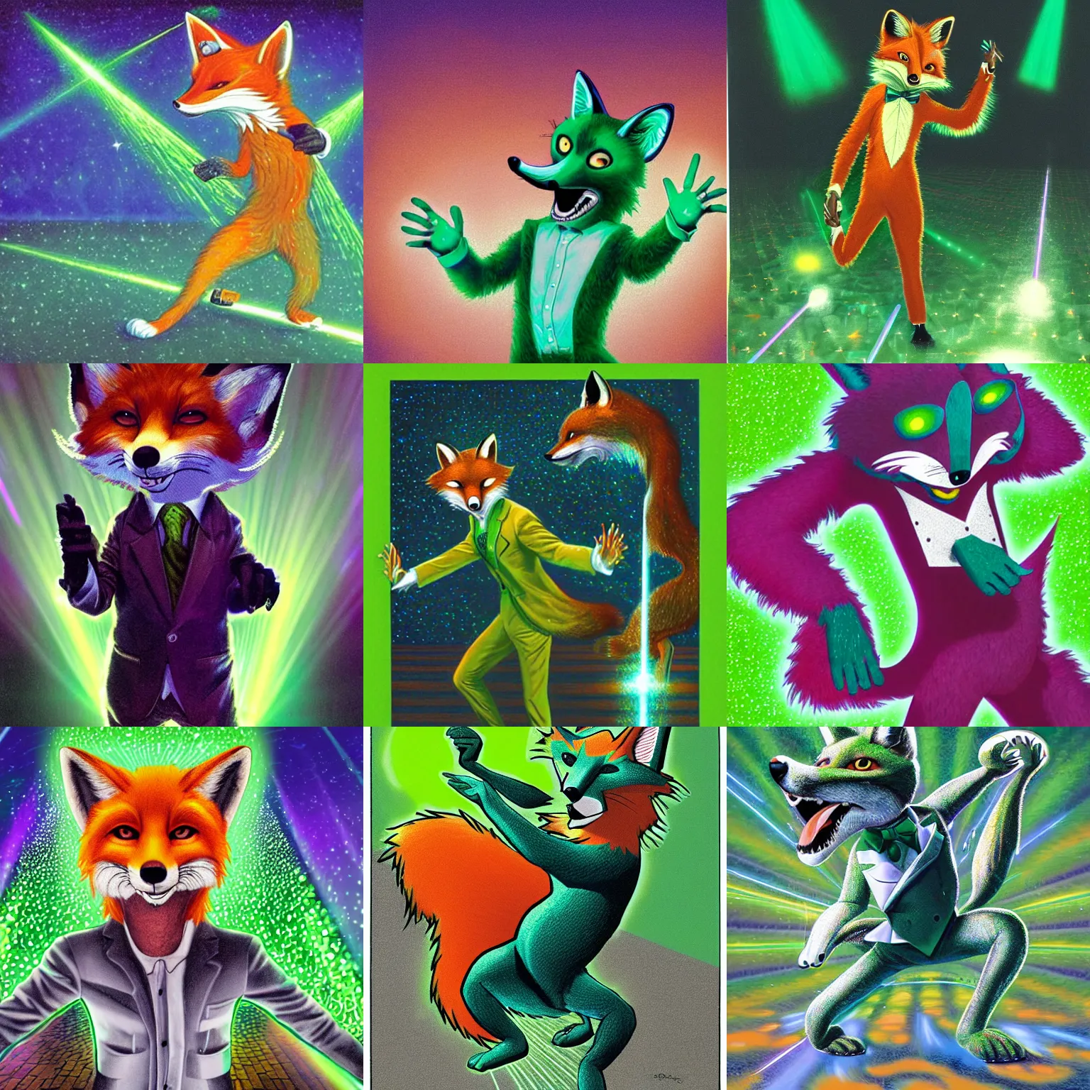 Prompt: an anthropomorphic fox dressed in a silver sparkling shirt dancing in front of vivid green lasers, furry fursona, greg hildebrandt