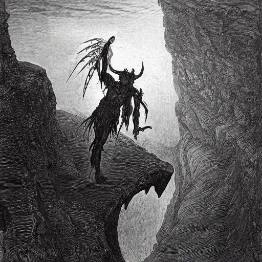 Prompt: a small man standing in front of a massive winged demon crawling up from a canyon, highly detailed, Biblical, high contast, face off, in the style of Gustave Dore