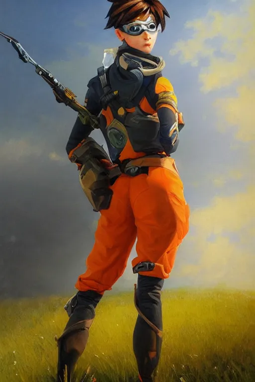 Prompt: oil painting of tracer overwatch in a field of grass wearing orange uniform, in style of ivan aivazovsky, expressive face, detailed face, detailed eyes, full body, feminine face, tracer overwatch,