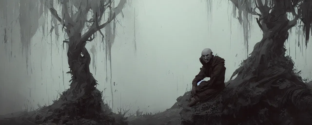 Image similar to duotone noir illustration close up of bald merchant demon sitting below willow tree in medieval brown tunic. foggy evening. dark dream atmosphere with volumetric hellish lighting, by sachin teng and sergey kolesov and ruan jia and heng z. graffiti art, scifi, fantasy, hyper detailed. octane render. concept art. trending on artstation