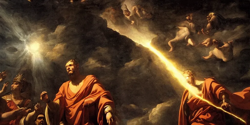 Image similar to a roman emperor using magic to create a void leading to the universe on the sky of roma, chiaroscuro, great compositions, perfect painting rules, beautiful lighting, insanely detailed