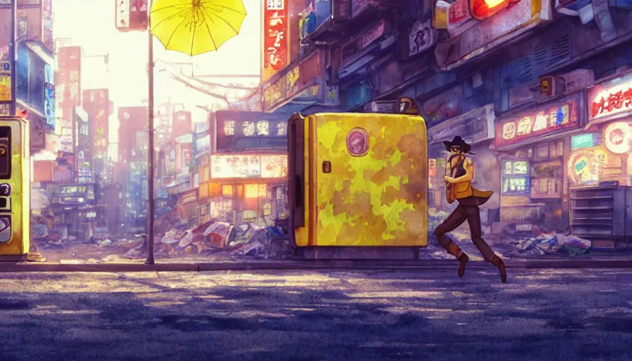 Prompt: incredible wide screenshot, ultrawide, simple watercolor, rough paper texture, anime movie scene, backlit distant shot of robot cowboy running away from the troubles of life, side view, yellow parasol in deserted dusty shinjuku junk town, broken vending machines
