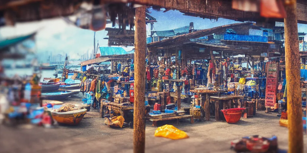 Prompt: extreme close - up of a sundry shop at pulau indah fishing village, near a jetty, early morning, detailed matte painting, low angle view, telephoto lens, bokeh, studio ghibli, artstation