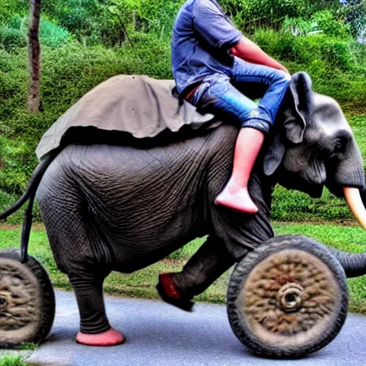 Image similar to an elephant riding a motorcycle