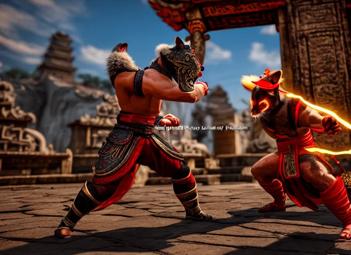 Image similar to hamster dressed as shao khan fights a cat dressed as kung lao in mortal kombat on the background of an ancient temple. fantasy magic style. highly detailed 8 k. intricate. lifelike. soft light. sony a 7 r iv 5 5 mm. unreal engine with nanite and path tracing