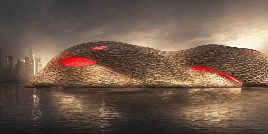 Prompt: An epic architectural rendering of a blob shaped trypophobia house with a mysterious red glow emitting from inside in a modern cityscape next to a river, by Zaha Hadid, stunning, gorgeous, golden ratio, photorealistic, featured on artstation, 4k resolution