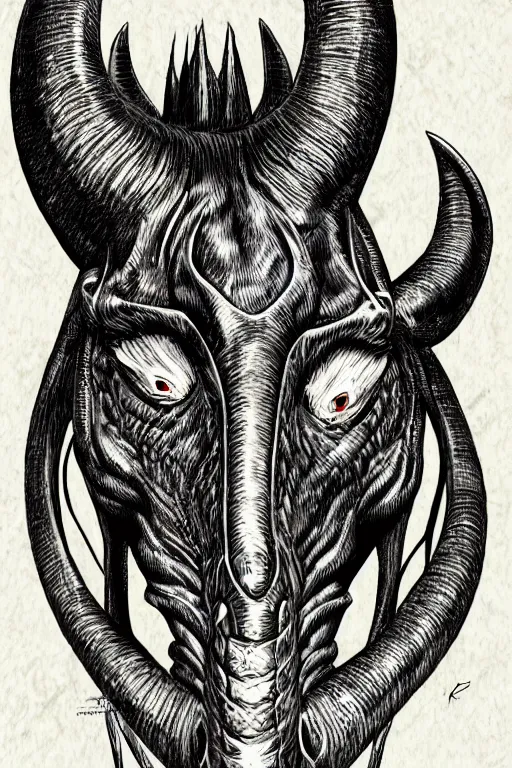 Image similar to demon horse with a horn, symmetrical, highly detailed, digital art, sharp focus, trending on art station, kentaro miura manga art style