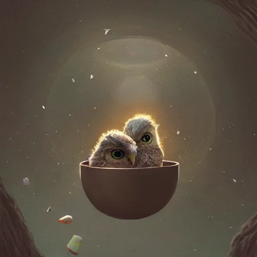 Image similar to long shot of a very cute owl chick nesting in a very futuristic cup, esao andrews, humorous illustration, hyperrealistic, big depth of field, warm colors, night scenery, low light, 3 d octane render, 4 k, conceptart, hyperdetailed, hyperrealistic, trending on artstation