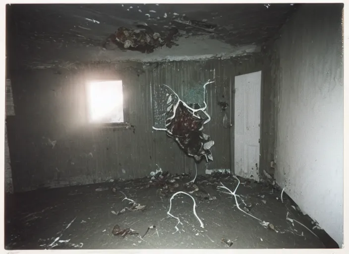 Image similar to 1 9 9 3, disposable camera, flash, pov, old abandoned house, male : creature, standing, meat, ooze, slime, veins, wet