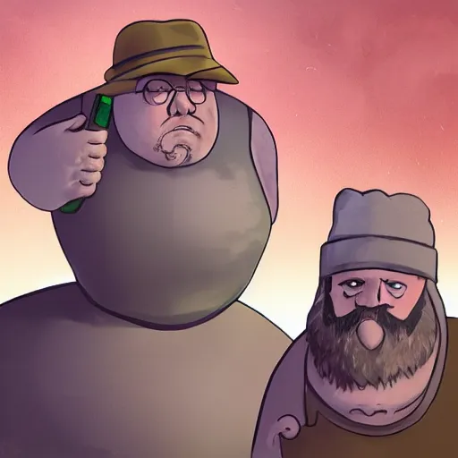 Image similar to ugly old fat man and his strong handsome friend hunting monsters