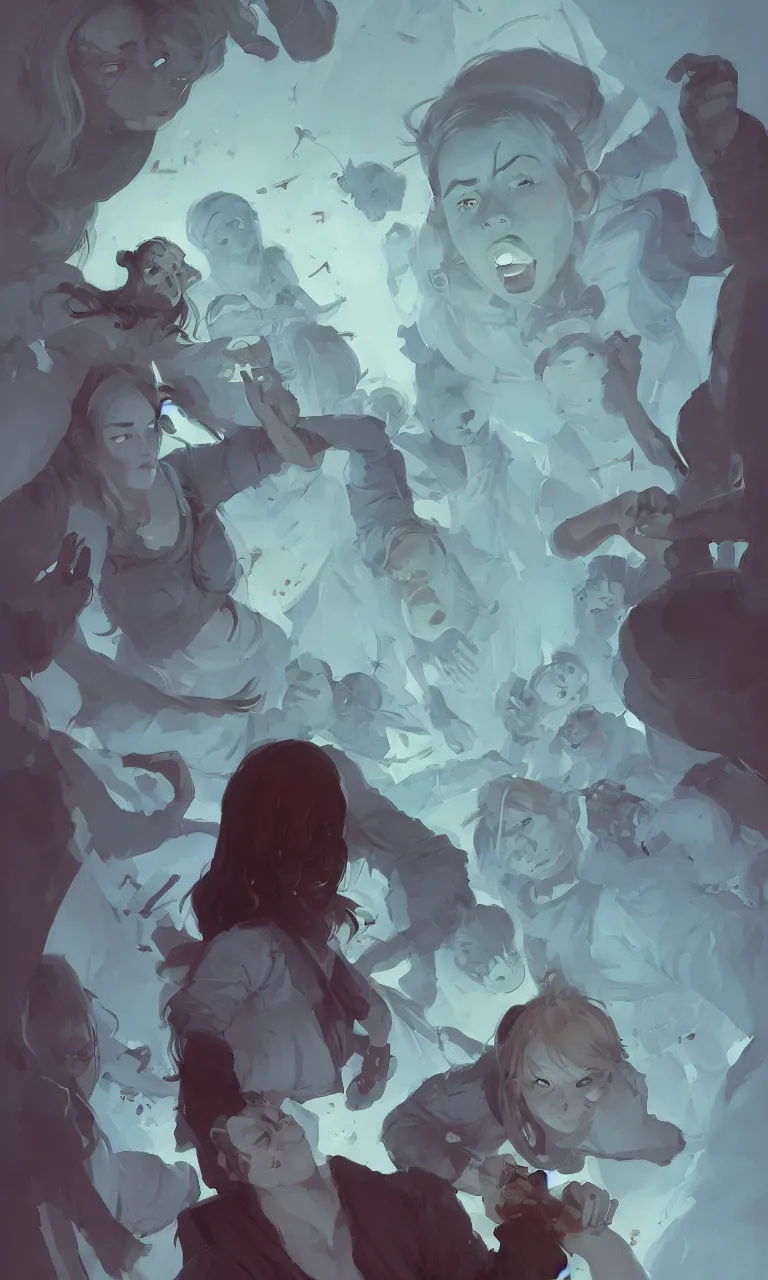 Image similar to portrait of a necromancer by atey ghailan, by greg rutkowski, by greg tocchini, by james gilleard, by joe fenton, by kaethe butcher, dynamic lighting, gradient light blue, brown, blonde cream and white color scheme, grunge aesthetic