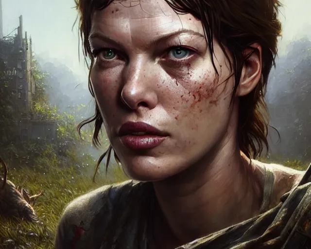 Image similar to highly detailed portrait of milla jovovich, in the last of us, stephen bliss, unreal engine, fantasy art by greg rutkowski, loish, rhads, ferdinand knab, makoto shinkai and lois van baarle, ilya kuvshinov, rossdraws, tom bagshaw, global illumination, radiant light, detailed and intricate environment